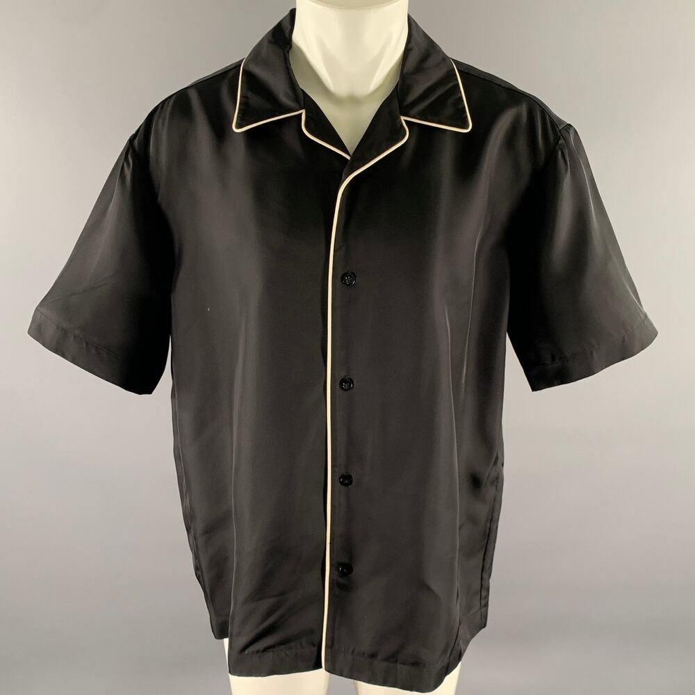 JIL SANDER Size M Black White Viscose Camp Short Sleeve Shirt